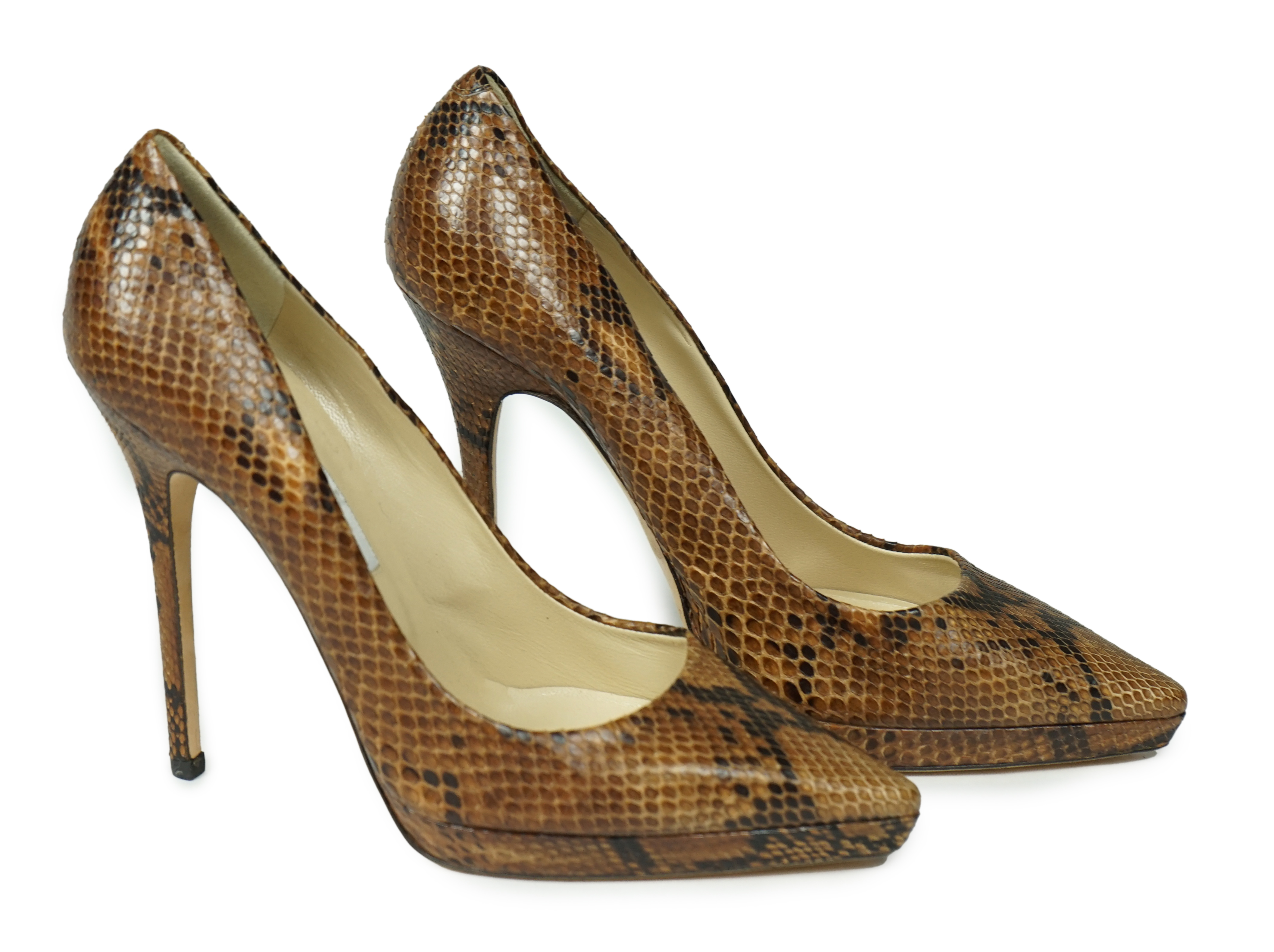 A pair of Jimmy Choo lady's snakeskin platform pumps in brown and black